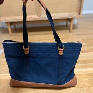 Abercrombie & Fitch Navy Blue Canvas Tote Bag Tan Faux Leather Trim For Travel